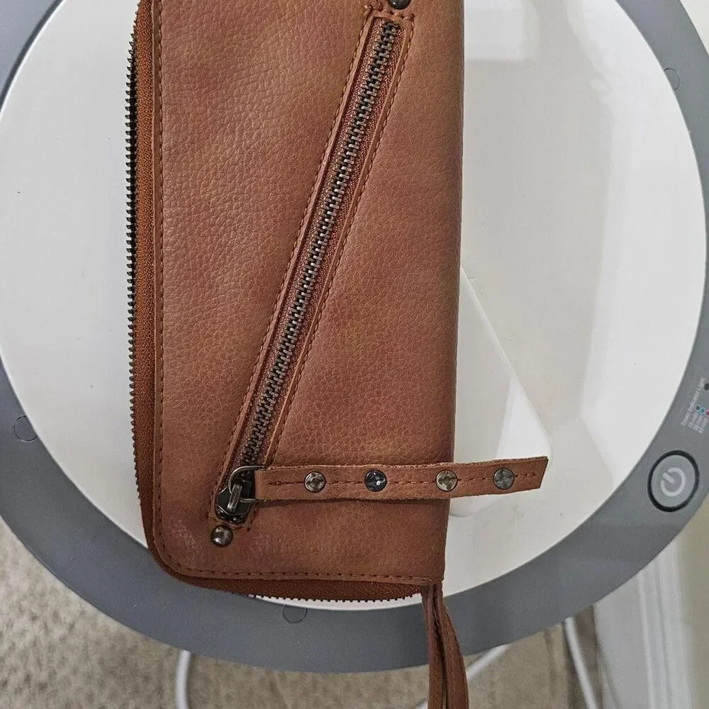 Free People Distressed Vegan Leather Zip-Around Wristlet Wallet wStudded Details